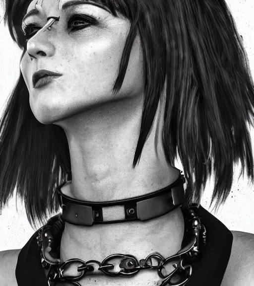 Image similar to detailed realistic female character cyberpunk wearing thick steel collar around neck, realistic, art, beautiful, 4K, collar, choker, collar around neck, punk, artstation, detailed, female, woman, choker, cyberpunk, neon, punk, collar, choker, collar around neck, thick collar, tight around neck, punk, choker