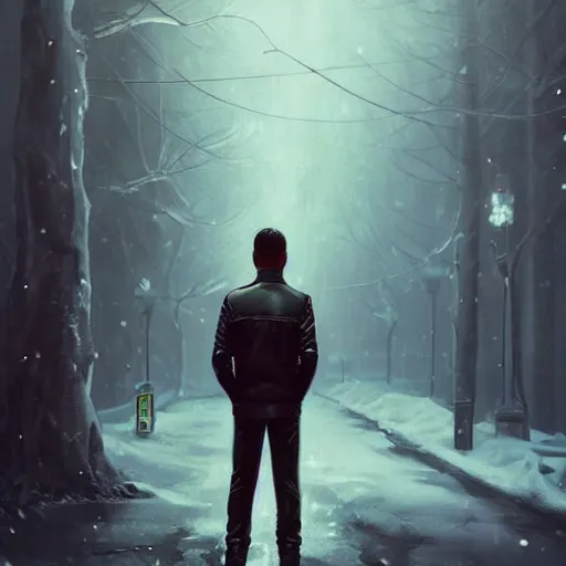 Prompt: by alexander trufanov by artgerm by simon stalenhag young man from back pacing lowering head dressed in short leather bomber jacket to empty narrow alley with street lamps in park with pines to the horizon,, with hands in pockets, snowfall at night, mullet long haircut, black hairs, cinematic, dramatic, detailed, realistic, movie shot, low lighting