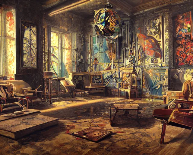 Image similar to a painting of a confusing maximalistic room, an airbrush painting by breyten breytenbach, striking lighting, cgsociety!, neo - primitivism