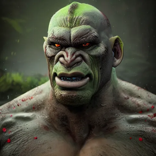 Image similar to A comic book style portrait painting of a fantasy orc warrior male in a swamp setting, unreal 5, DAZ, hyperrealistic, octane render, RPG portrait, ambient light, dynamic lighting