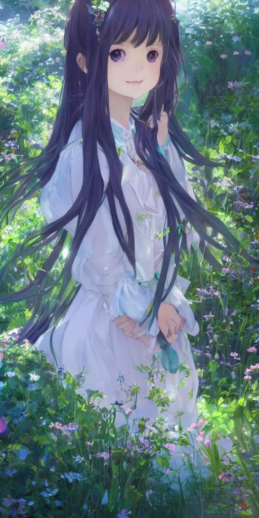 Image similar to a digital art full of atmosphere of a loli with long hair in a dress in the privet garden at after noon, green and warm theme, blue accents, back lighting, highly detailed, 4 k resolution, trending on art station, by krenz cushart and mucha and akihito yoshida and greg rutkowski and makoto shinkai