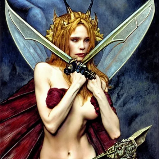 Prompt: head and shoulders portrait of an armored erinyes devil with huge bat wings, portrayed by young robin wright, d & d, fantasy, luis royo, magali villeneuve, donato giancola, wlop, krenz cushart, hans zatka, klimt, alphonse mucha