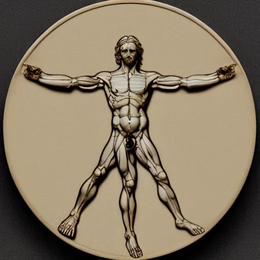 Prompt: Da Vinci's Vitruvian Man as a marble sculpture by Michelangelo, gold ring, 4k, hyper realistic, detailed, accurate anatomy, four legs, four arms, octane render, well lit studio lighting