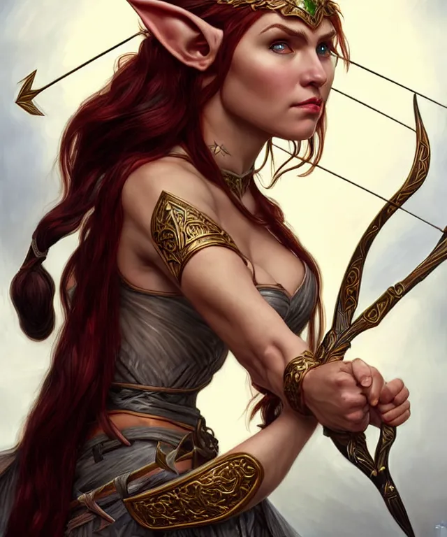 Image similar to a strong powerful angry fantasy elf woman with a bow and arrow, portrait, fantasy, intricate, elegant, highly detailed, digital painting, artstation, concept art, smooth, sharp focus, illustration, art by artgerm and larry elmore and alphonse mucha