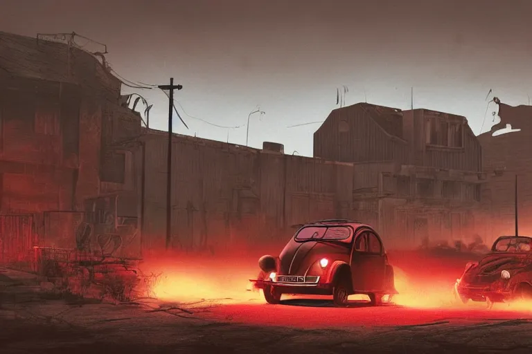 Image similar to red and black citroen 2 cv ( 1 9 6 5 ) driving across the wastelands of fallout 4, dramatic lighting, establishing shot, by simon stalenhag