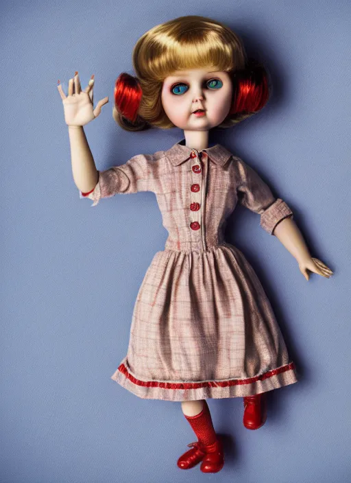 Image similar to highly detailed wide - angle portrait of a retro doll with fingerless hands hands, nicoletta ceccoli, mark ryden, lostfish, earl nore, hyung tae, frank frazetta, global illumination, detailed and intricate environment