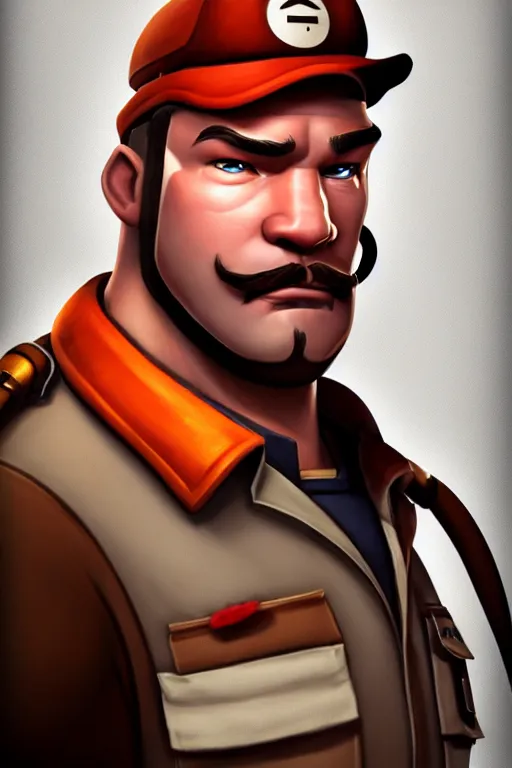 Image similar to beautiful highly detailed realistic stylized character portrait team fortress 2 engineer, detailed character art master portrait, trending on artstation