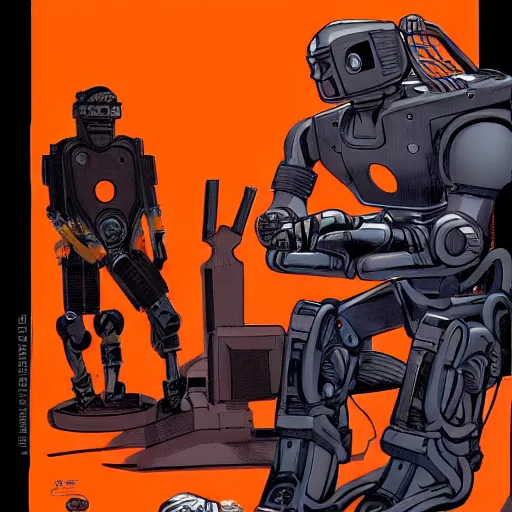 Prompt: mechanic with robot legs. orange and black color scheme. concept art by james gurney and mœbius.