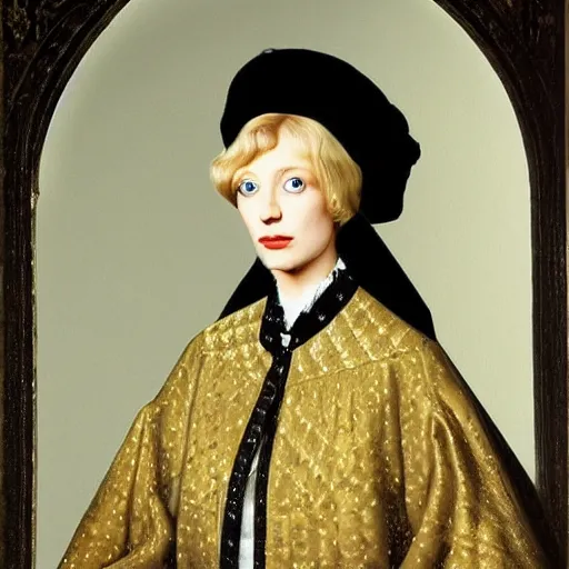 Image similar to blonde victorian princess, hyperrealism, concept art, jan van eyck