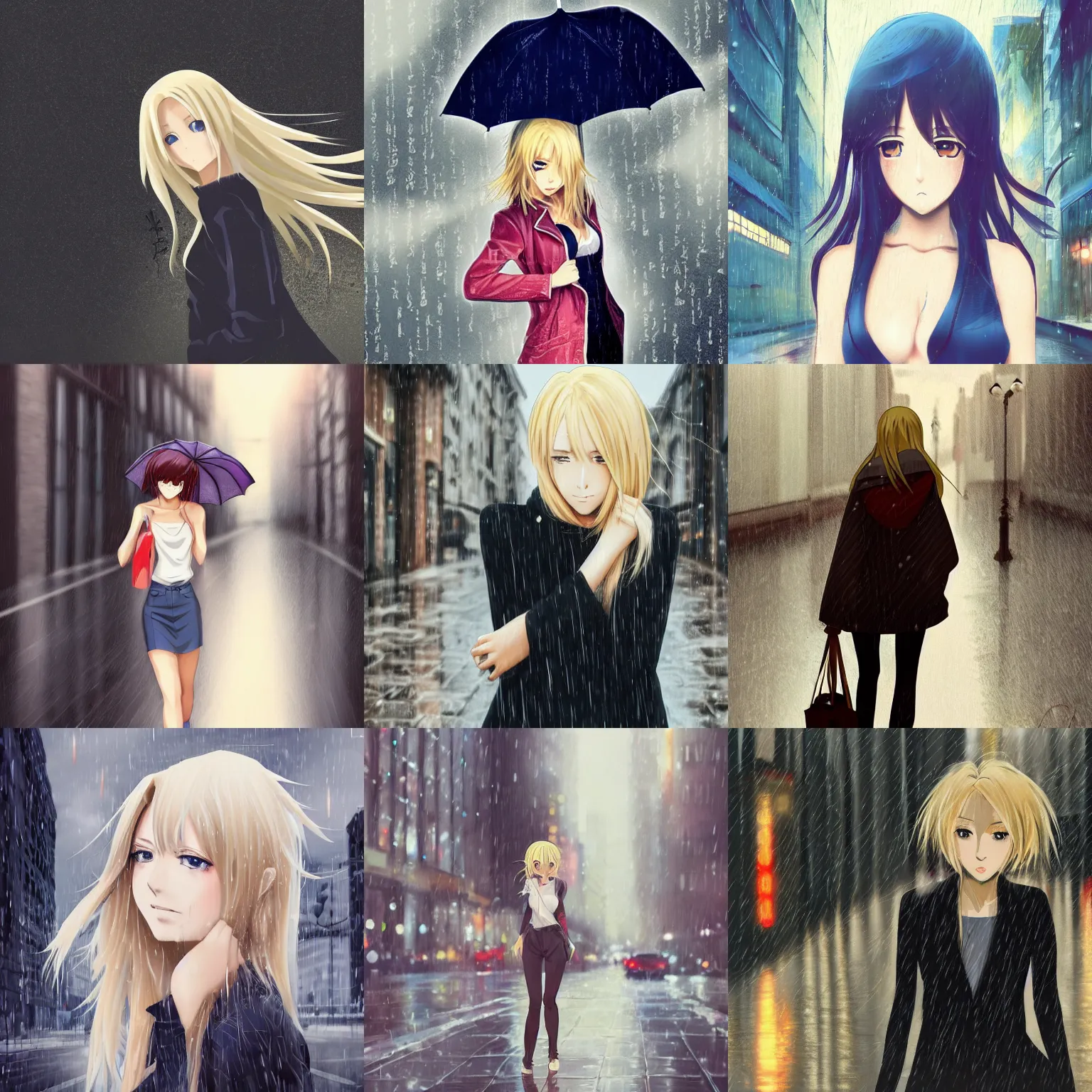 Prompt: high quality anime-style image of an attractive woman, light blonde shoulder-length hair, rainy urban streets, in the style of mark arian