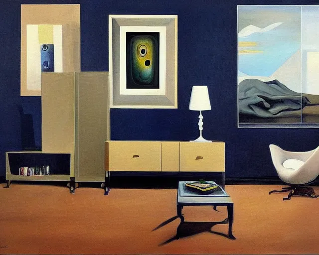 Image similar to a painting of a minimalistic living room by salvador dali, cgsociety, fantastic realism, surrealist, detailed painting