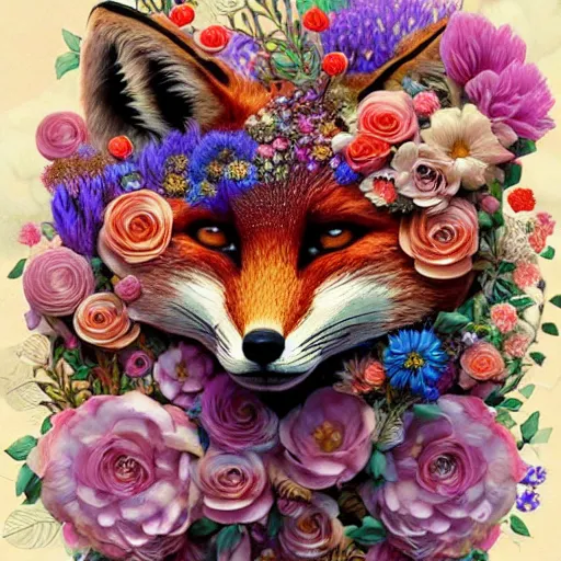 Prompt: made of flowers, made of flowers, made of flowers, fox made of flowers, fantasy art, trending on artstation, beautiful art, intricate, elegant, highly detailed, digital painting