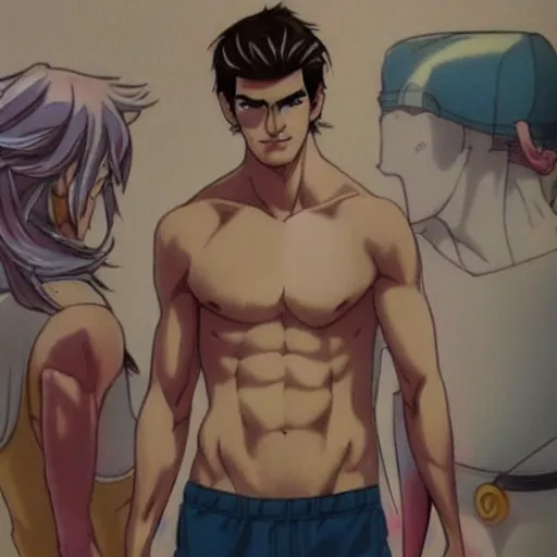 Image similar to Still of Andrew Garfield with a very muscular body type, anime art, anime style