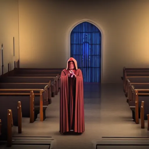 Image similar to emperor palpatine preaching to people at church, 8k cinematic lighting, very sharp detail, anatomically correct