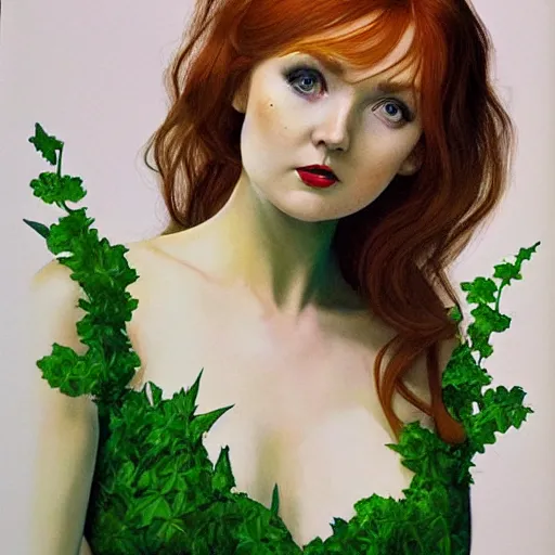 Image similar to portrait of lily cole as poison ivy, wearing a green dress and floral growths, epic details by alex ross