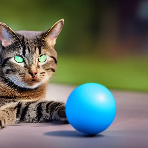 Image similar to a cat playing with a blue ball, XF IQ4, 150MP, 50mm, f/1.4, ISO 200, 1/160s, natural light, Adobe Photoshop, Adobe Lightroom, DxO Photolab, Corel PaintShop Pro, rule of thirds, symmetrical balance, depth layering, polarizing filter, Sense of Depth, AI enhanced