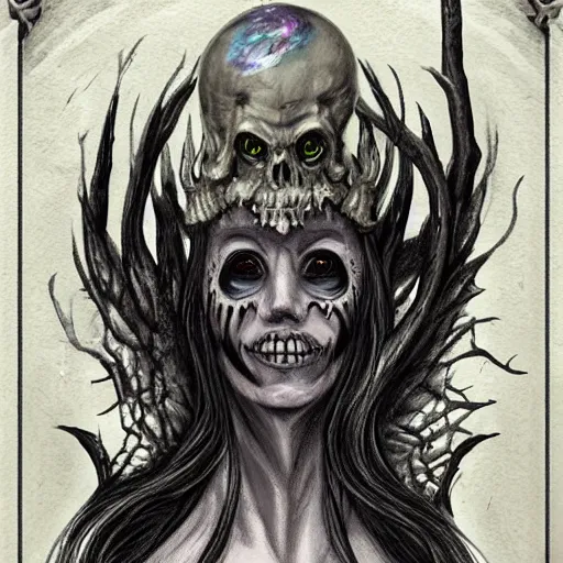 Image similar to Horrific death princess, ghastly creature portrait, extremes realistic lich, dark, eerie, creepie