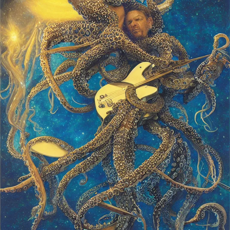 Prompt: a beautiful vinyl cover by donato giancola of an octopus playing drums and telecaster guitar in an electronic concert, dark background, concert light, dark mood, cold blue lights