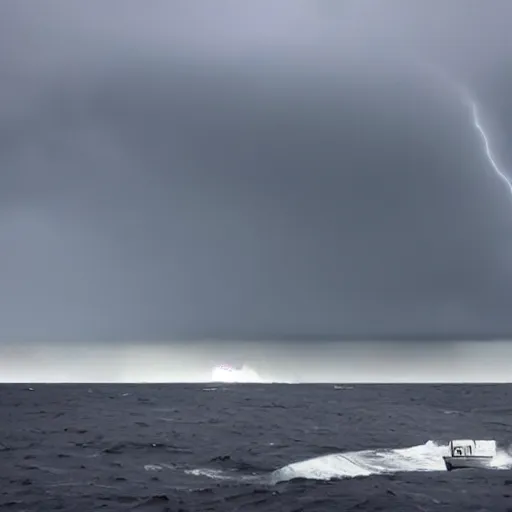 Prompt: A boat drifting into a storm caused by a metallic dark giant rising from the ocean