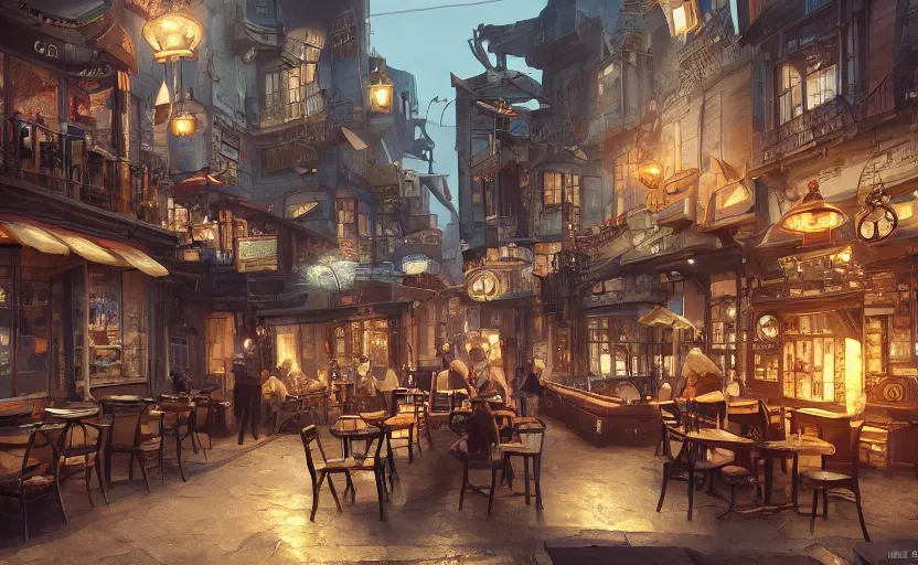 Prompt: a cozy relaxed cafe, looking out at the bustling underbelly of a thriving steampunk city by james paick, trending on cgsociety, unreal engine, 4 k wallpaper