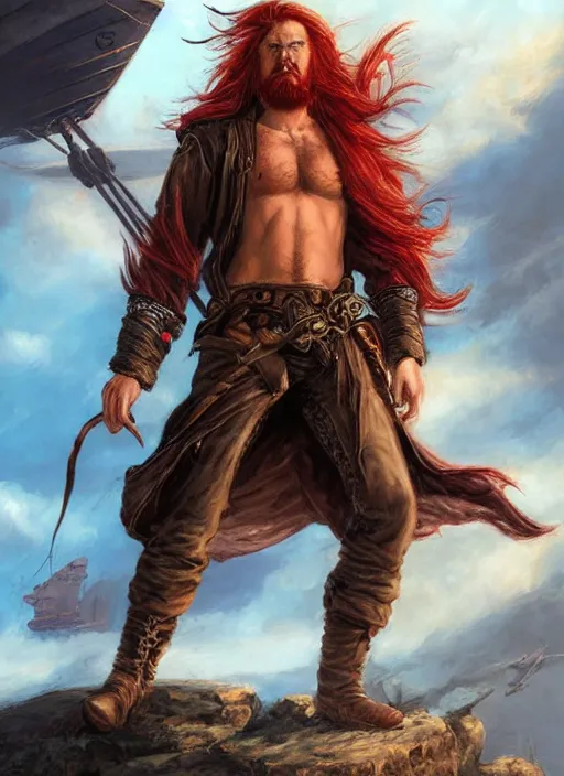 Image similar to an epic fantasy comic book style portrait painting of a long haired, red headed male sky - pirate in front of an airship in the style of eve ventrue