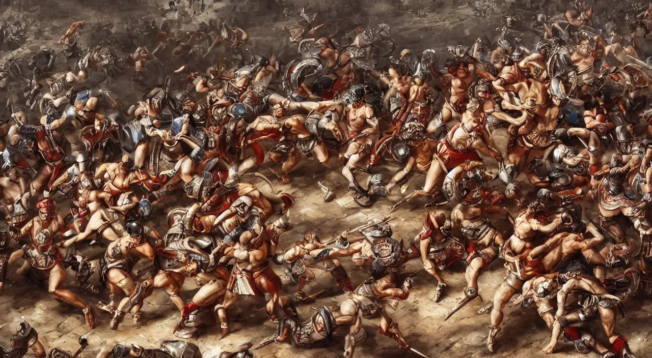 Prompt: a monster fighting agains gladiators at the coliseum in roma at kingdom of julius caesar by world renowned artist, trending artstation, historical artworks, ruins, hiperdetailed