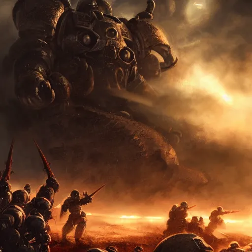 Prompt: a group of space marines battling against an eldritch abomination, high detail, soft light, warhammer, cinematic, high resolution, concept art, dark atmosphere, fog, trending, stunning shot