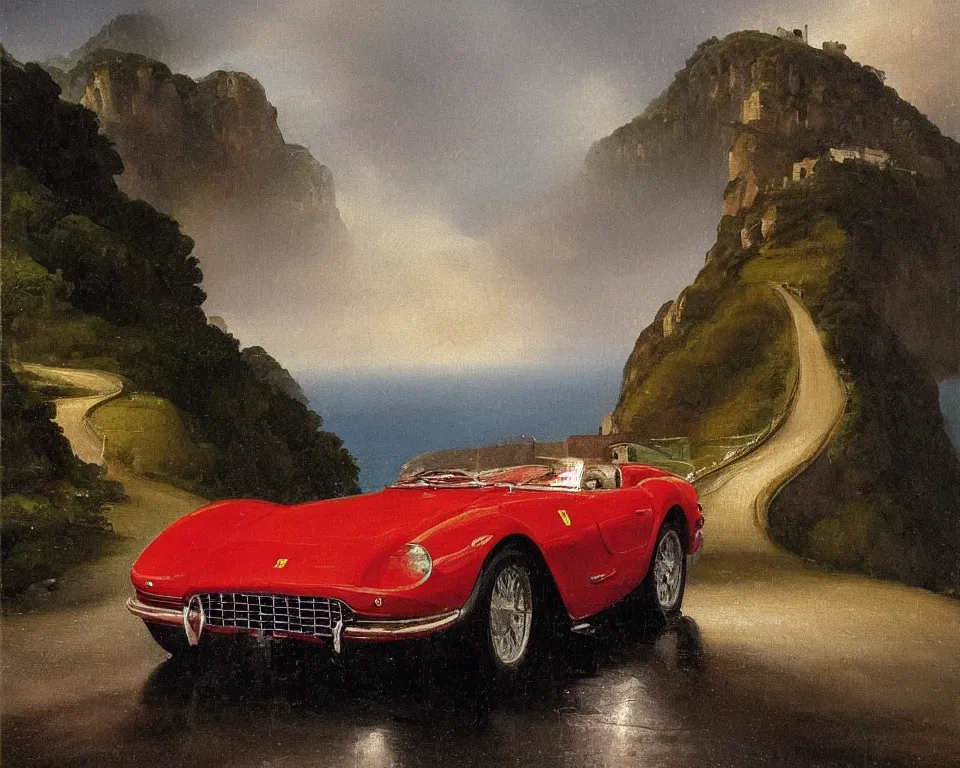 Prompt: a magnificent oil painting of a classic Ferrari on a cliffside road on the Amalfi coast, in a thunderstorm, by Raphael and Hopper.
