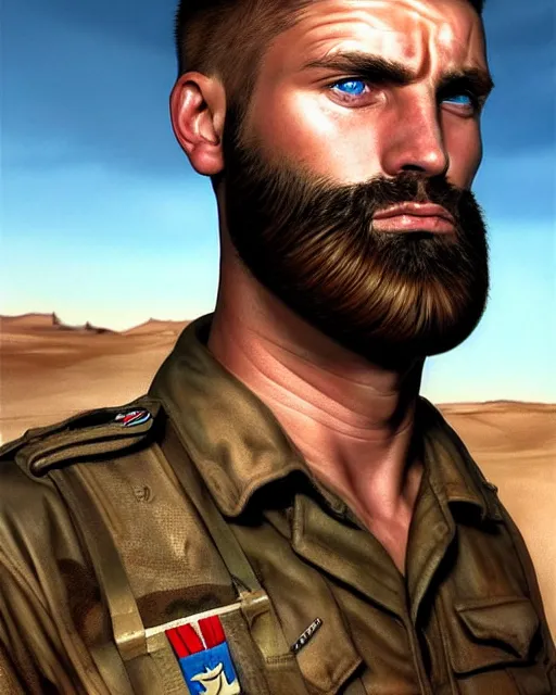 Image similar to portrait of muscular, tired and alcoholic 3 0 - year - old handsome man with short darkblonde hair, serious sad look in his eyes, dirty beard, blue eyes, wearing dirty soldier uniform, on the desert, hyper realistic face, beautiful eyes, character art, art by mark brooks, hyperdetailed, cryengine, trending on artstation, digital art