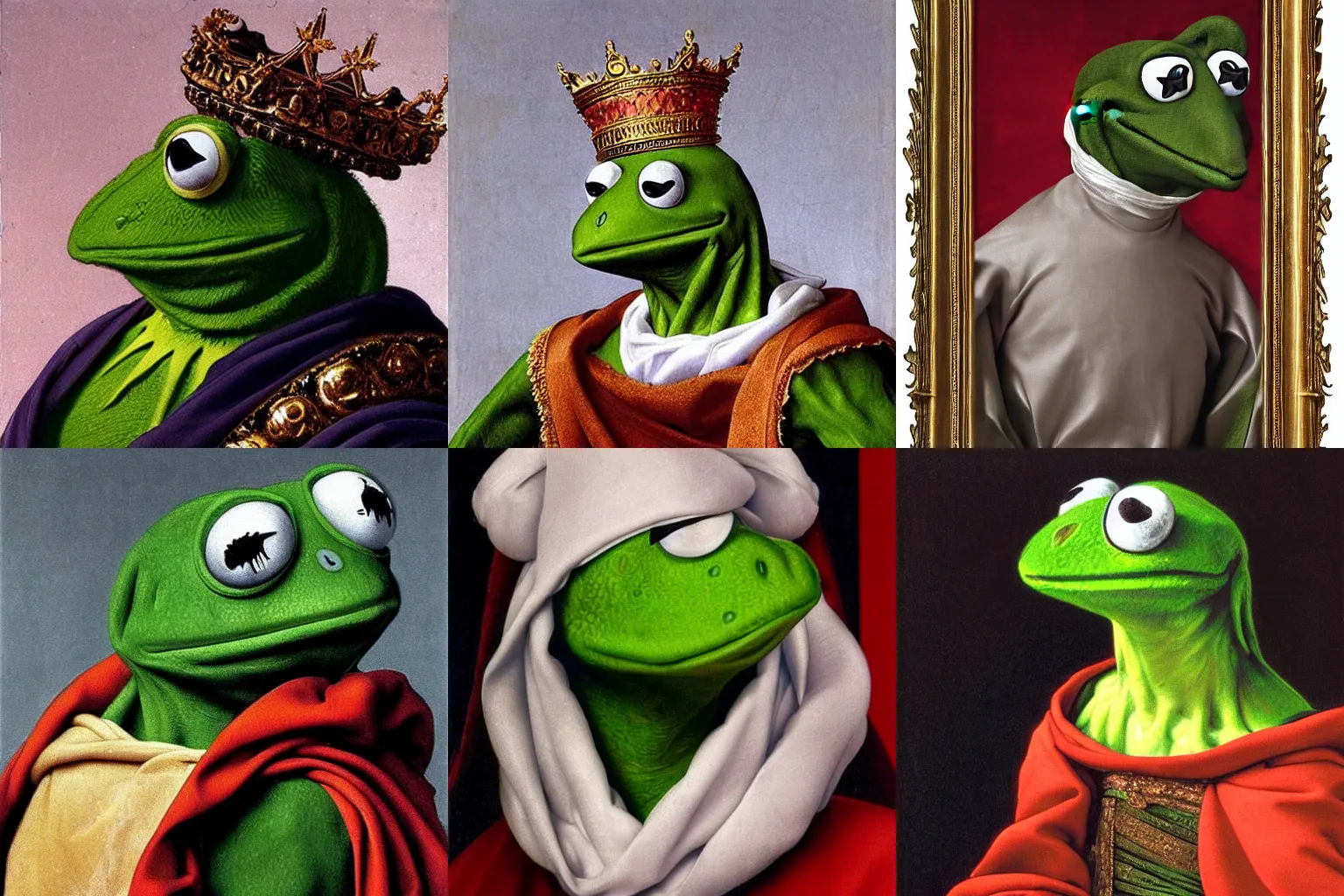 Image similar to A extremely highly detailed majestic hi-res beautiful, highly detailed head and shoulders painting of kermit the frog in royal medieval kingly robes by Michelangelo Merisi da Caravaggio,