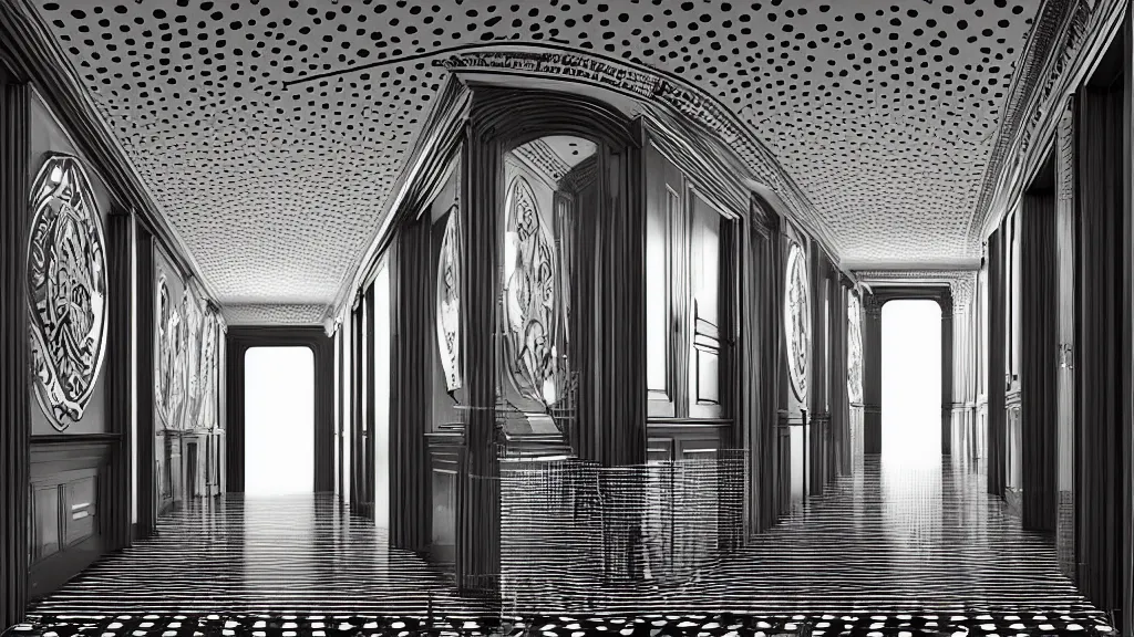 Prompt: art deco hallway, black and white dots, ultra detail, photoreal, professionally retouched, black and white colors, wide angle, 8 k high definition, insanely detailed, intricate, elegant, art by artgerm and wlop