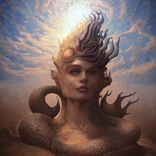 Image similar to a hyperrealistic illustration of a scaly monster covered in sand, sand flowing from the monsters body, desert with rocks with fractal sunlight, award-winning, masterpiece, in the style of Tom Bagshaw, Cedric Peyravernay, Peter Mohrbacher