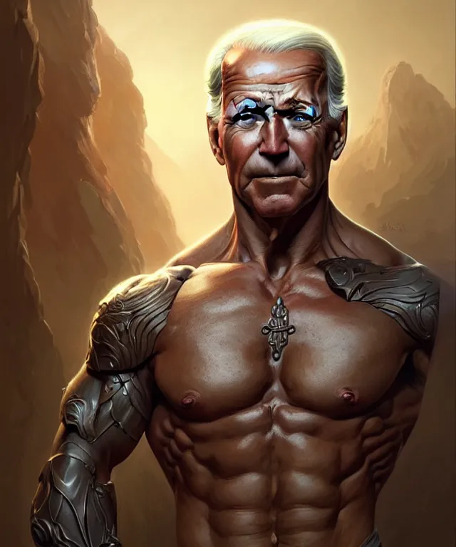 Image similar to muscular, heroic, ruggedly handsome Joe Biden, fantasy, intricate, elegant, highly detailed, digital painting, artstation, concept art, smooth, sharp focus, illustration, art by artgerm and greg rutkowski and alphonse mucha