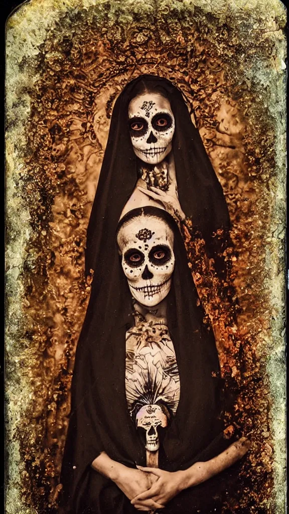 Image similar to tintype full body view, virgin mary in dia de muertos dress and make up, horrific beautiful vibe, evocative, atmospheric lighting, painted, intricate, highly detailed,