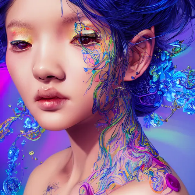 Prompt: studio portrait absurdly beautiful, elegant, graceful, young hypercolorful sensual gravure idol sapphire blue petals gems, ultrafine hyperrealistic detailed face illustration by kim jung gi, irakli nadar, intricate linework, sharp focus, bright colors, matte, octopath traveler, final fantasy, unreal engine highly rendered, global illumination, radiant light, intricate rainbow environment