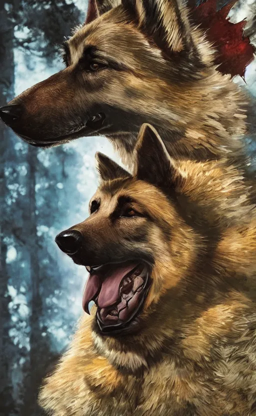 Image similar to close up character portrait icon of the german shepard beast - man military uniform head animal person wearing clothes standing in the bright forest, hidari, color page, tankoban, 4 k, tone mapping, akihiko yoshida