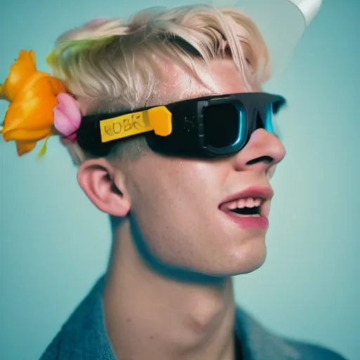 Prompt: close up kodak portra 4 0 0 face portrait photograph of a skinny guy with blonde hair submerged in a tub of milk, aerial view, wearing cyber goggles, flower crown, moody lighting, telephoto, 9 0 s vibe, blurry background, vaporwave colors, dream aesthetic, dreamy aesthetic, faded!,