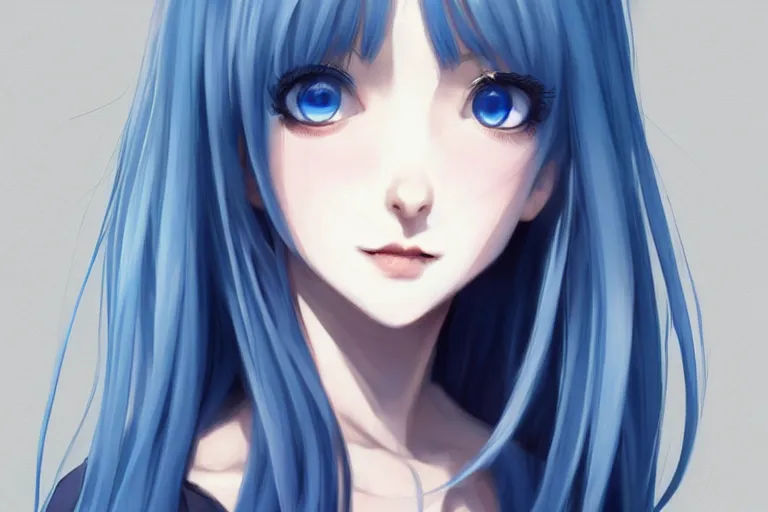 Image similar to Beautiful girl, blue hair, symmetrically, smiling, pixiv, artist WLOP artstation, artist Mam BA artstation, real photo, very detailed, realistic proportions, knowledge of anatomy, anatomy for beginners, true proportions of the face