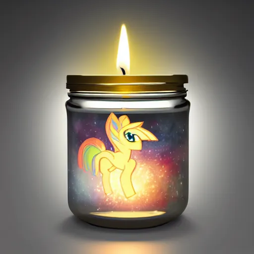 Image similar to candle made of my little pony figure in a jar with a candle wick covered in an off white wax digital art, cosmic, 3 d high definition, trending on artstation, photorealistic, high resolution, vray, 8 k, octane, trending on, hdr, hyper detailed, insane details, intricate, elite, ornate, elegant, unreal engine