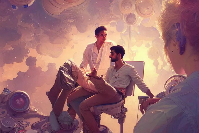 Image similar to Sensual good looking pale young Indian doctors wearing jeans in a space station above Earth, portrait, elegant, intricate, digital painting, artstation, concept art, smooth, sharp focus, illustration, art by artgerm and greg rutkowski and alphonse mucha