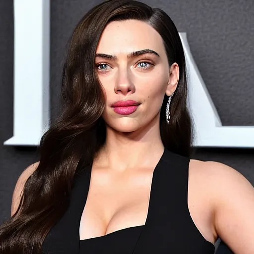 Image similar to a woman who is a genetic combination of kim kardashian and kat dennings and scarlett johansson and margot robbie and emma watson, face and upper - body focus