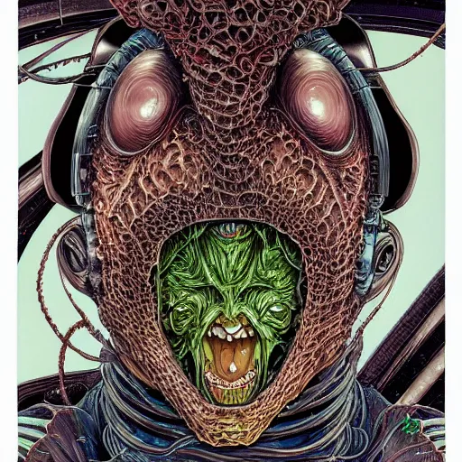 Prompt: portrait of crazy alien, symmetrical, by yoichi hatakenaka, masamune shirow, josan gonzales and dan mumford, ayami kojima, takato yamamoto, barclay shaw, karol bak, yukito kishiro