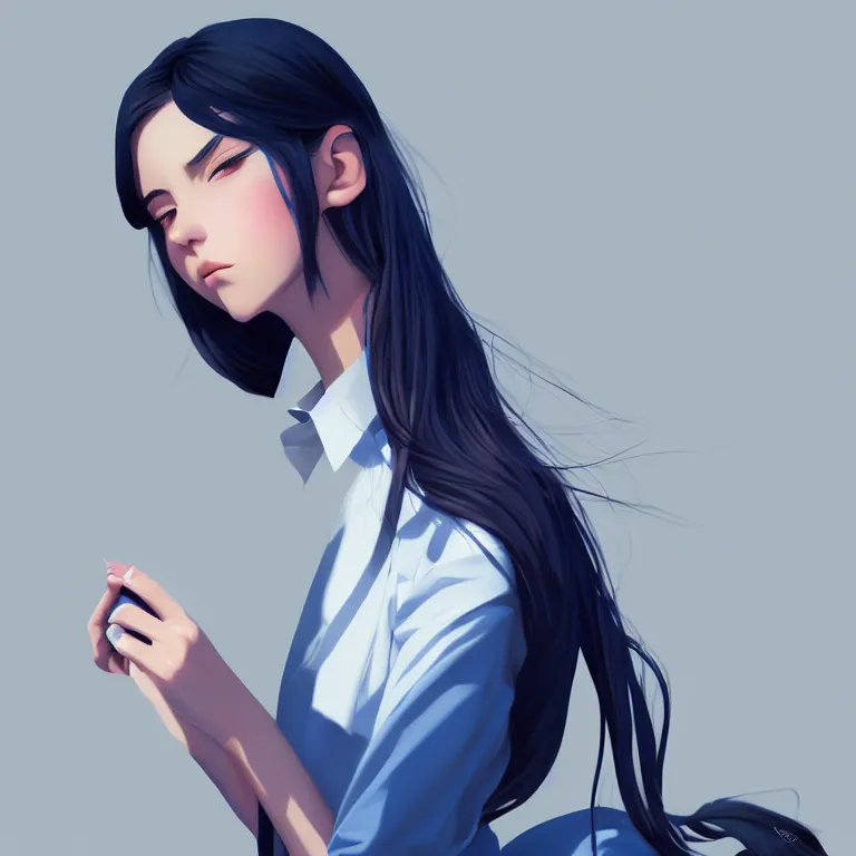 Image similar to urban high school girl in shirt fanart, dark blue long hair, muted colors, matte print, pastel colors, ornate, digital art, digital painting, fan art, elegant, artstation, by Ilya Kuvshinov