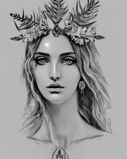 Prompt: realism tattoo sketch of a beautiful greek goddess aphrodite wearing a laurel wreath and arrowhead earrings, beautiful confident eyes, beautiful flowing hair, glowing god eyes, hyper realistic face, in the style of greg rutkowski, fantasy, amazing detail, epic, elegant, smooth, sharp focus, from the front