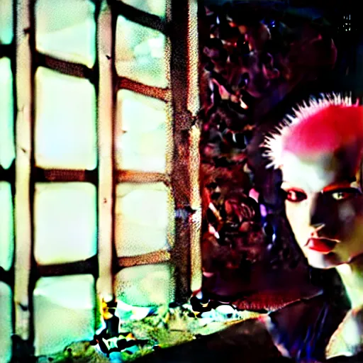 Prompt: worried, beautiful android looks out at you through the window in a dirty abandoned factory, short spiky blonde hair, cyberpunk outfit, kodachrome