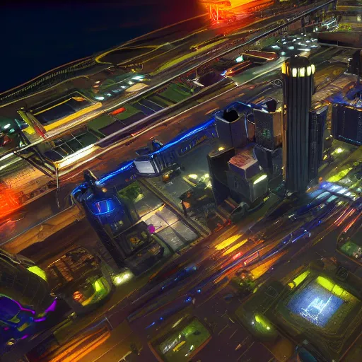 Image similar to isometric nighttime cityscape shot from helicopter from wipeout playstation detailed photorealistic 4 k unreal engine