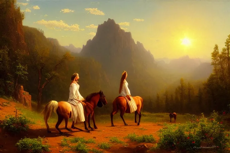 Prompt: scenic western mountain landscape with horses and a woman wearing a white traditional dress, oil on canvas, radiant light, artstation, Alfred Bierstadt