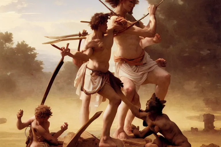 Image similar to ancient historically accurate depiction of the Bible duel bettween the shepherd boy david and Goliath of Gath, the Philistine warrior giant, by frank miller, illustration by Ruan Jia and Mandy Jurgens and William-Adolphe Bouguereau, Artgerm, 4k, digital art, surreal, space dandy style, highly detailed, godsend, artstation, digital painting, concept art, smooth, sharp focus, illustration by Ruan Jia and Mandy Jurgens and William-Adolphe Bouguereau, Artgerm