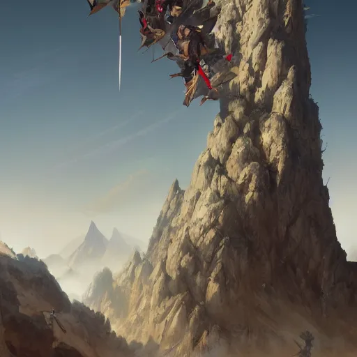 Image similar to mountain made of swords, sunny day, matte painting, bold shapes, hard edges, street art, trending on artstation, by huang guangjian, gil elvgren, ruan jia, randy vargas, greg rutkowski