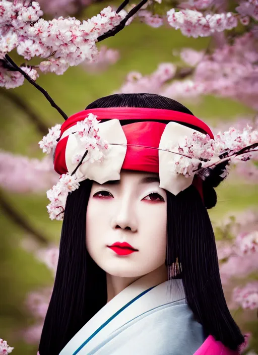 Image similar to Beautiful Japanese geisha close up portrait shot, 1920s geisha, young woman, in color, half body photo, upper body, traditional geisha clothing, geisha makeup, geisha hairstyle, hyper realistic, 8k, trending, professional photography, cherry blossom background